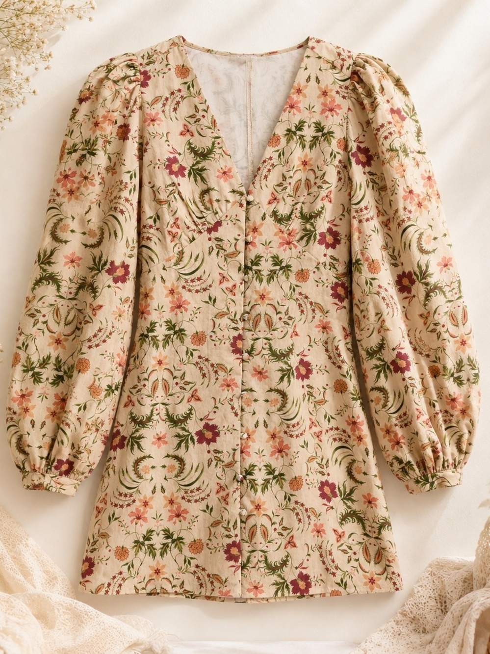 Floral V-Neck Puff Sleeve Mini Dress in Cream Cottagecore Romantic